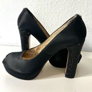 8.5 Michael Kors Satin Rhinestone Studded Heel Woman's Peep Toe Black Shoe Pumps